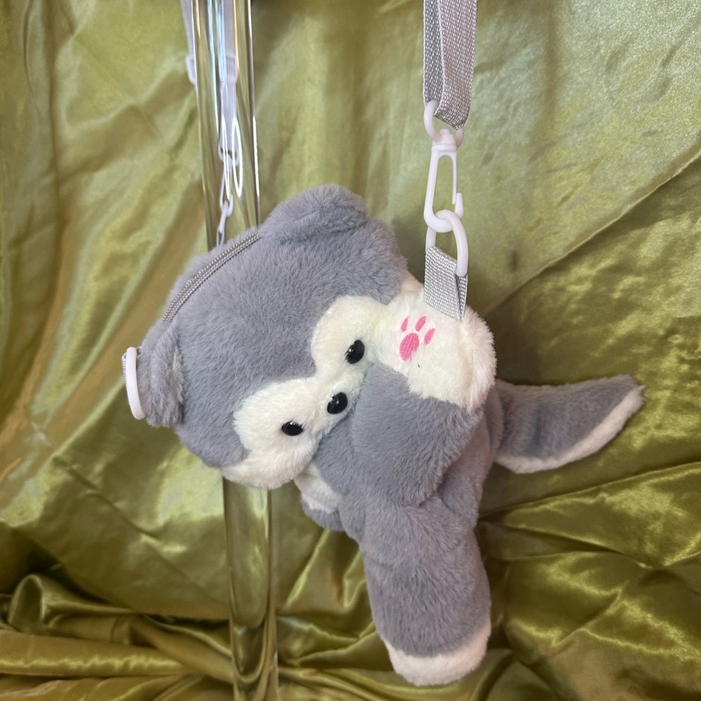 Gray and White Plush Animal Crossbody Bag Husky Dog
